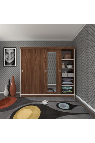 Kenzlife Gardırop Sürgülü Kapaklı Kapılı 200 Papatya Cvz Aynalı Gardolap Dolap