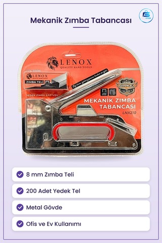Mekanik Zımba Tabancası 8 Mm Tel 200 Adet Yedek Kartuşlu Ofis Ev