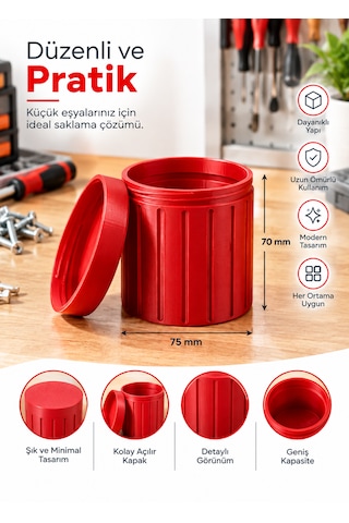 Kapaklı Silindirik Saklama Kutusu 70x75 Mm Küçük Parça Vida Civata Düzenleyici Organizer Vida Kutusu ,küçük Parça Organizer , Kapaklı Saklama Kutusu Kırmızı