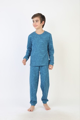 Yumiyumm 8-13 Yaş Erkek Çocuk %100 Pamuklu Fitilli İnterlok Kumaş Dinozor Desenli Pijama Takımı Lacivert