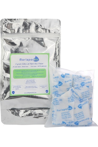 Marispacks 5 G X 25 Adet Silikajel Nem Alıcı Paket Nonwoven, Metalize Doypack Ambalajda