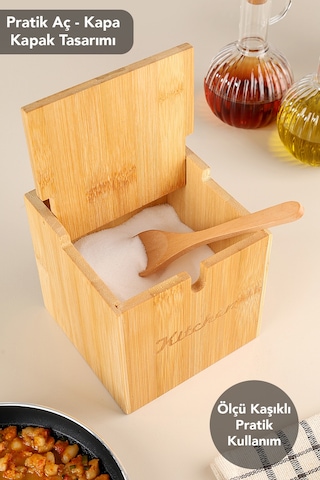 Kaşıklı Bambu Baharat Kutusu - Bambu Kapaklı Tuz Kabı Tuzluk Baharatlık Kutu 12x12 Cm Bej