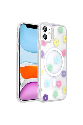 Techaks Apple Uyumlu iPhone 11 Kılıf M-safe Şarj Özellikli Şeffaf Zore Folk Sert Kapak - Papatya Beyaz