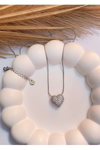 Gümüş / Silver Renk Zirkon Taşlı Kalp Figürlü 316l Çelik Kolye
