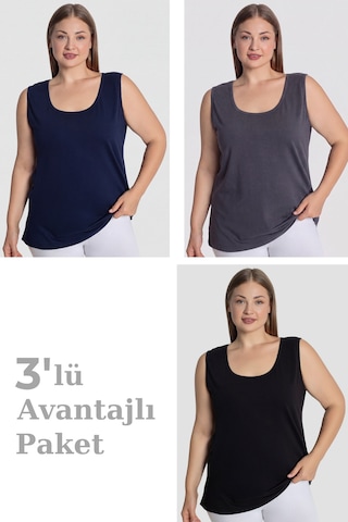 Arma Yıldız Kadın Pamuklu Büyük Beden Kalın Askılı Atlet 3'lü Paket Lacivert Antrasit Siyah