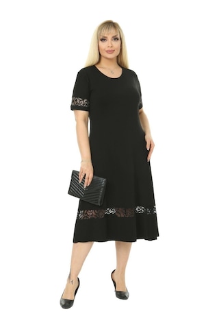 Melsay Butik Dantel Detaylı Kadın Büyük Beden Midi Elbise Siyah