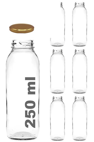 6 Adet 250 Ml Beslenme Şeffaf Meyve Suyu, Meşrubat, Limonata Şişesi Metal Kapaklı 250 Cc Şişe Gold