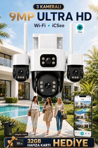 İcsee 9001 9mp 3 Lens Wifi Güvenlik Kamerası, Motorlu Gece Görüşlü Dış Mekan Kamera, 32gb Kart Ve Adaptör