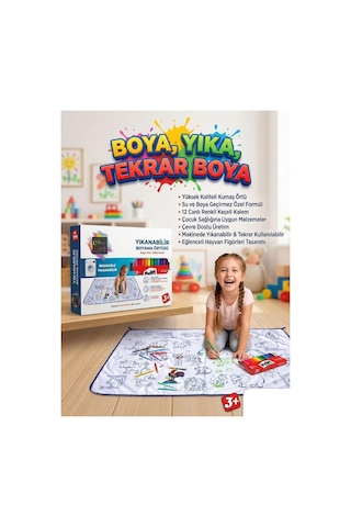 Boya Beni Yıkanabilir 100x150 Cm 12 Farklı Renkli Keçeli Kalemli Eğitici Oyuncak Boyama Halısı