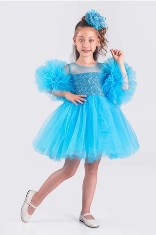 Kız Çocuk Abiye Elbise Ponpon Kol Pul Payetli Tütülü Mavi