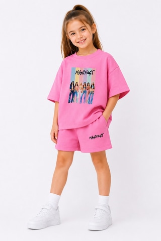 Fasardi Manifest Girls M6nifestgirls Baskılı Oversize %100 Pamuk Tişört Şort 2li Çocuk Takım Pembe