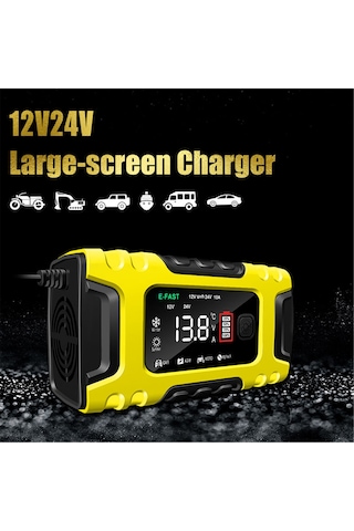 Symbee 12v/24v Akıllı Akü Şarj Cihazı, 10a, Kurşun Asit/lityum Bataryalar İçin, Tam Otomatik, Büyük Ekran, Rus Standardı, Sarı