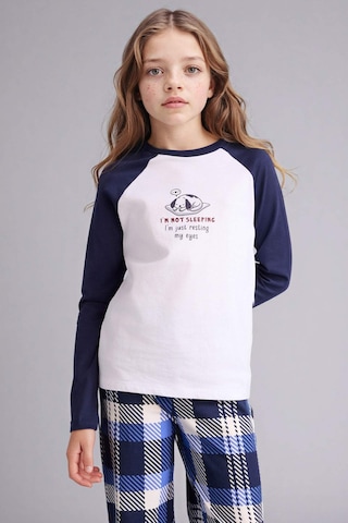 Defacto Kız Çocuk Pijama Takımı Baskılı Uzun Kollu Üst Kareli Uzun Alt F7288a825auwt79 Beyaz-wt79