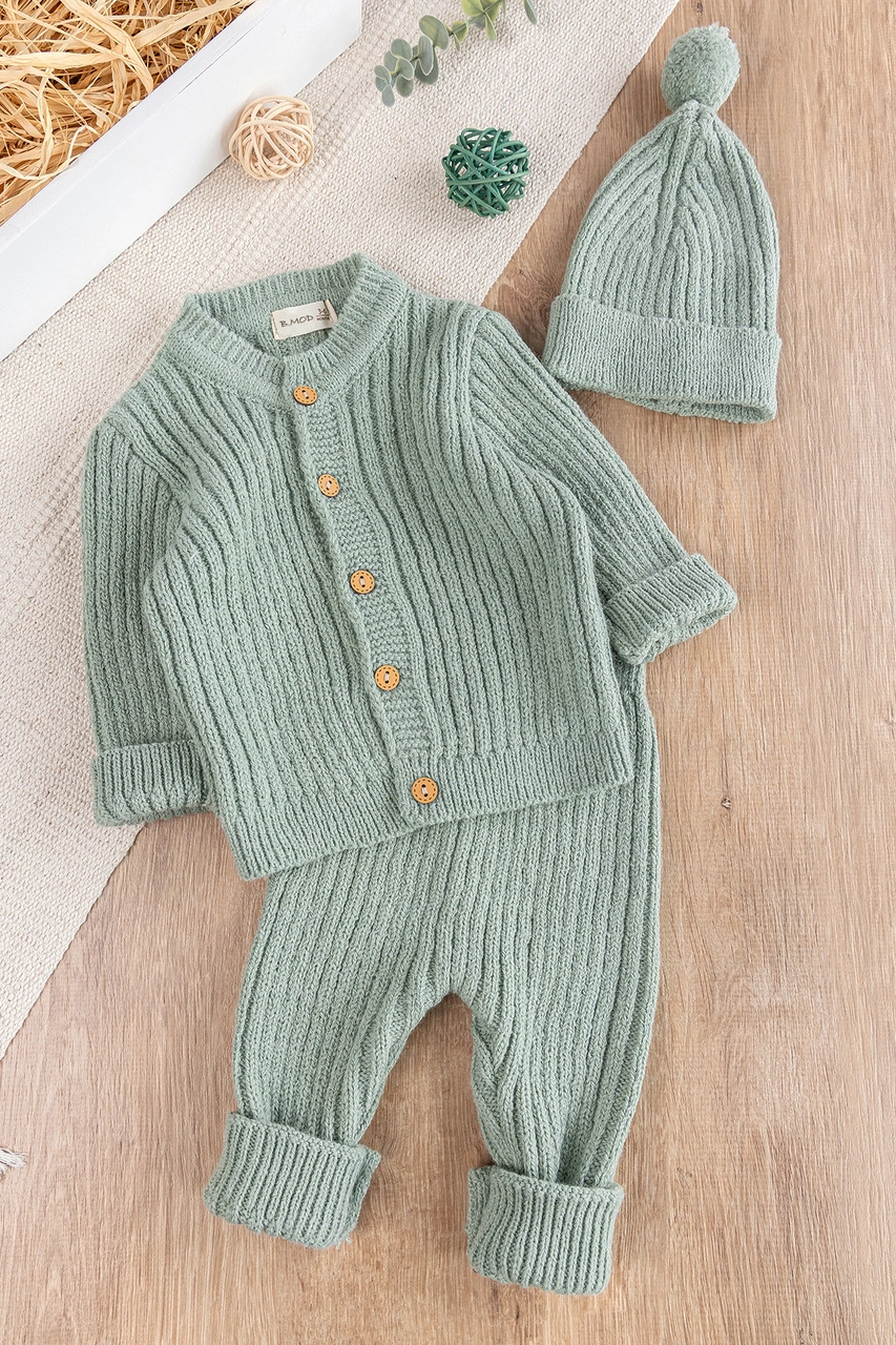 Babymod Triko Hırkalı Bereli Unisex Kışlık Şapkalı Bebek Takım Yeşil
