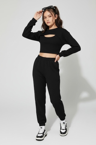 Aden Kids Kız Çocuk Siyah Waffle Örme 3 Parça Alt Üst Takım - Uzun Kollu Crop Ve Boru Paça Jogger