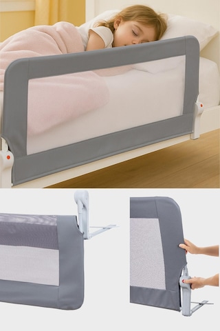 Premium 120x65 Cm Deri Kılıflı Yatak Bariyeri, Katlanır Yatak Korkuluğu, Gri
