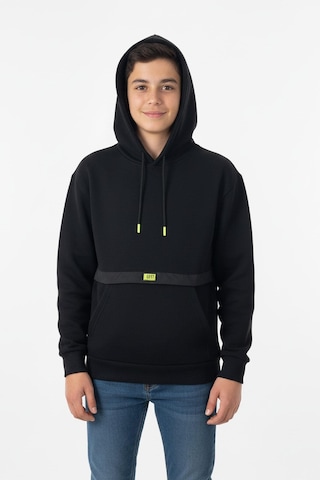 Kapşonlu Kanguru Cepli Detaylı Erkek Çocuk Sweatshirt-90838 Siyah
