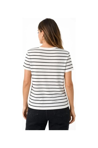 Oada Çizgili Yazlık Triko T-shirt Bisiklet Yaka Rahat Kalıp Tişört - Beyaz