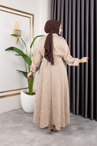 Hira Life Fashion Kadın Vizon Tesettür Giyim Gömlek Detaylı Çizgili Viskon Kıraş Elbise Ikili Takım Vizon Vizon