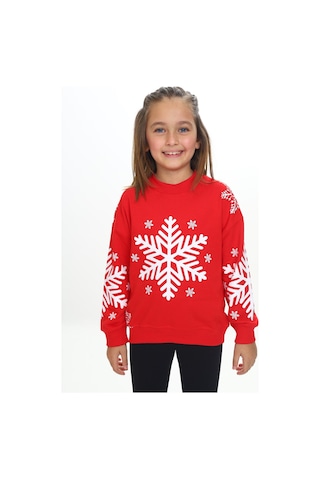 Toontoy Kız Çocuk Relax Fit Bisiklet Yaka Düşük Omuz Baskılı Sweatshirt - 2 İplik Kırmızı