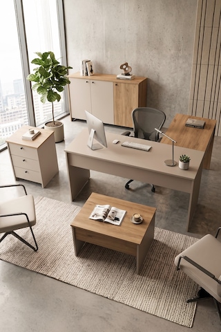 Yurudesign Alva Yönetici Ofis Takımı Makam Takımı Ofis Masası Sehpa Keson Klasör Dolabı 4 Parça Sepet-kumsal Al7-cos