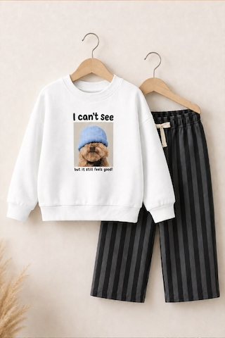 Monila Unisex Çocuk Ekru Köpek Baskılı Sweatshirt Ve Antrasit Çizgili Eşofman Alt Üst Takım