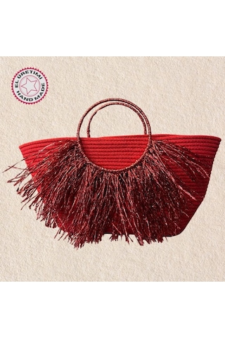 Uretti - Ayşe 4723 2151 El Yapımı Tress İp Yuvarlak Metalik İp Saplı Püskül Detaylı Plaj Çantası - Kırmızı Kırmızı