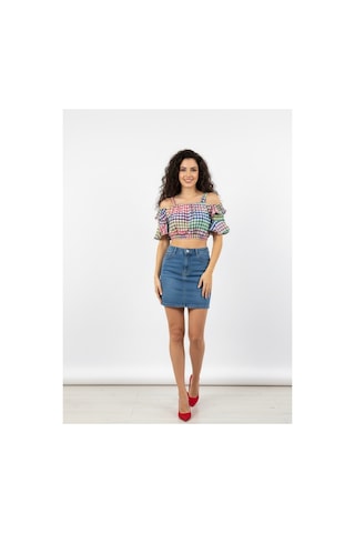 Polologin Butik Kadın Çok Renkli Ekose Desenli, Volan Detaylı Askılı Crop Bluz Mavi