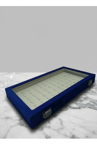 Yeni Cam Kapaklı Süet Lacivert Kumaş 45 Cm / 25 Cm Tırnaklı Yüzük Tablası