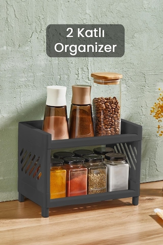 2 Katlı Mutfak Tezgah Üstü Rafı Çok Amaçlı Dolap Baharatlık Düzenleme Organizeri Antrasit