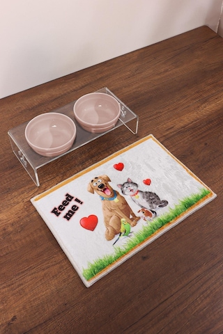 Kedi ve Köpek Dekoratif Seramik Pleksi Mama & Su Kabı 300 ML + Kedi Paspası