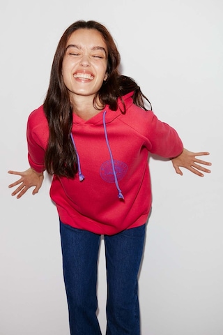 Ethıquet Polınıa Kadın İçi Polarlı Göğsü Baskılı Regular Fit Kontrast Kordonlu Kapüşonlu Pembe Sweat Mavi