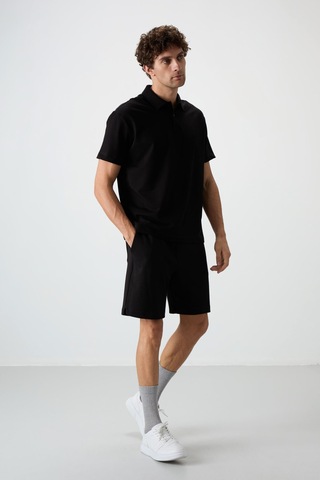 Tommy Life Siyah Pamuklu Kalın Yumuşak Dokulu Polo Yaka Oversize Fit Basic Erkek T- Shirt - 88381 Siyah