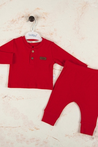 Babydonat Çizgili Kumaş Pamuk Unisex Takım 2'li Kırmızı