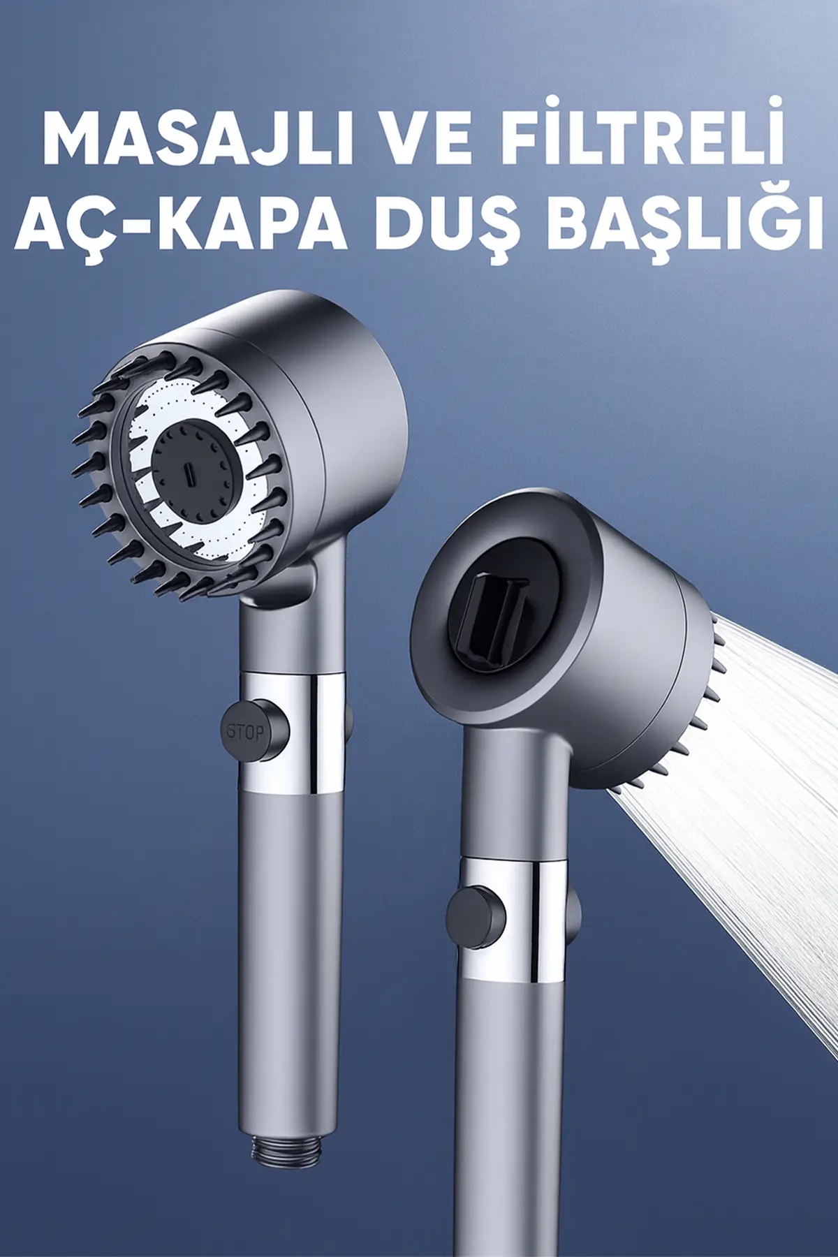 Masajlı 5 Fonksiyonlu Filtreli Duş Başlığı Su Tasarrufu Değiştirilebilir Filtre Kireç Önleyici Gri
