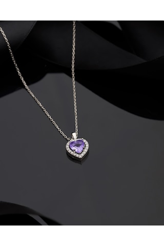 925 Ayar Ametist Taşlı Rodyum Pırlanta Görünümlü Kalp Gümüş Kolye Gümüş - Rodyum