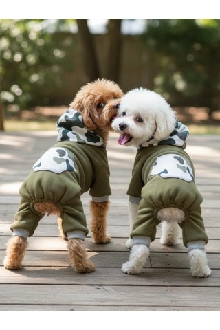 Kamuflaj Desenli Köpek Tulumu Kapüşonlu Pamuklu Polar Kumaş Haki Yeşil Küçük Irklar İçin
