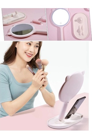 Kedi Kulaklı Telefon Standlı Yuvarlak Dokunmatik Led Ayarlı Masa Üstü Makyaj Aynası