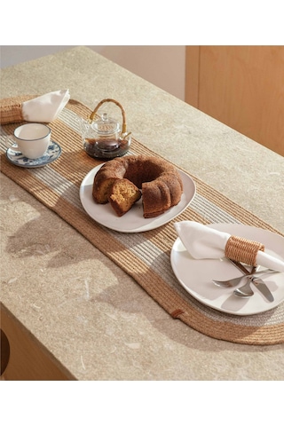 Cesta Amerikan Servis El Yapımı Pamuklu Natural Gri Jüt Örme Dekoratif Runner 37x136cm 9027 Natural Gri