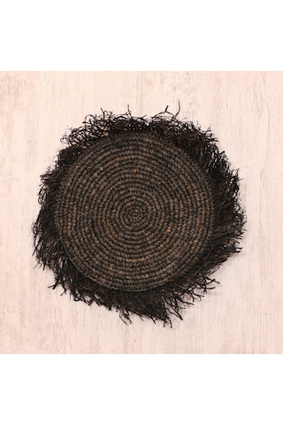 Çift Yön Örgü 40x40 Cm. Doğal Siyah Rafya Kırlent - Saçaklı Hali 63 Cm Siyah