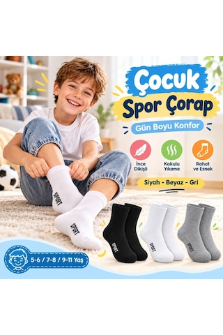 Bezos Çocuk Spor Çorap 3'lü Set Siyah Beyaz Gri İnce Dikişli Kokulu Yıkama Yumuşak Esnek Günlük Çorap Seti Dlra Çok Renkli