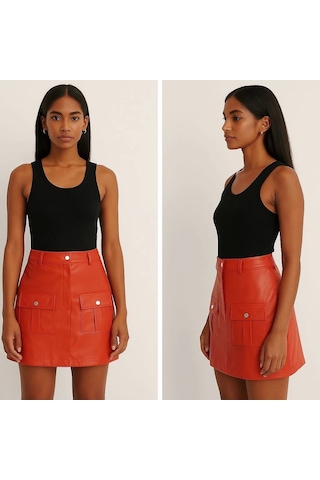 Önden İki Cepli Deri Etek Turuncu H240040 Turuncu