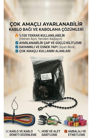 Siyah Kablo Bağı Klips Plastik Cırt Cırt Kelepçe 120 Mm 12 Cm Tekrar Kullanılabilir 500 Adet