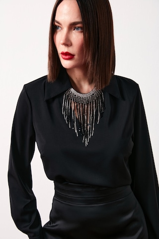 Sateen Kolyeli Salaş Bluz - Siyah-134625