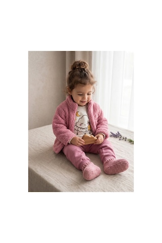 Deniva Kids Kız Bebek Pembe Peluş Hırkalı Bulut Baskılı 3'lü Takım Hırka, Sweatshirt, Eşofman Altı
