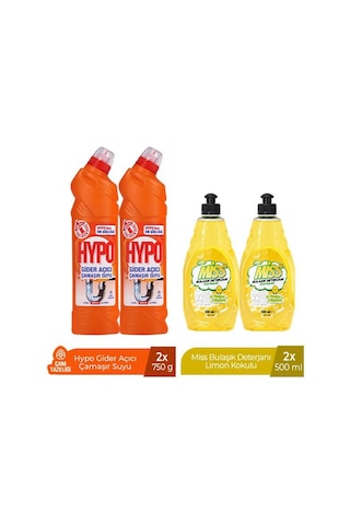 Hypo Gider Açıcı Çamaşır Suyu Çam Tazeliği 750 Gr X 2 + Miss Bulaşık Deterjanı Limon 500 Ml X2 4'lü Set