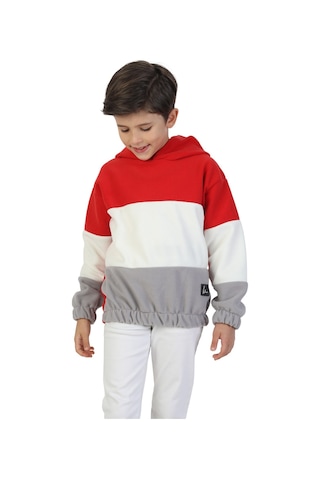 Erdem Kıds Unisex Kız-erkek Çocuk Sweatshirt-kazak Kapüşonlu Beli Lastikli Çok Renkli Kışlık Polar Sweat Kırmızı-ekru-gri Kırmızı-ekru-gri