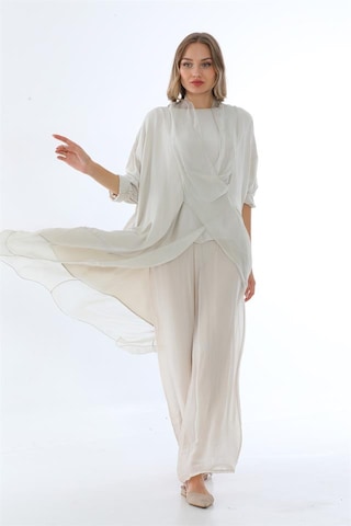Bohem Stil Italyan Ipek Detaylı Oversize Kap Bluz- Wes Pantolon Takım-8789 Bej