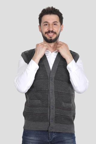 Kzc Tekstil Erkek Baba Orta Yaş Ve Üzeri Triko Örgü Akrilik Kışlık Kalın Dokulu Düğmeli Cepli Baba Yelek Gri