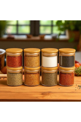 8'li 70 100mm Borosilikat Cam Baharatlık Seti - Sızdırmaz Silikonlu Bambu Kapak - 300 Ml X8 Beyaz